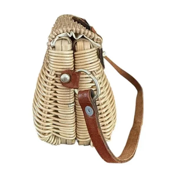 Vintage Wicker Purse Mini Summer Leather Strap Flip Top Twist Lock - Picture 2 of 16